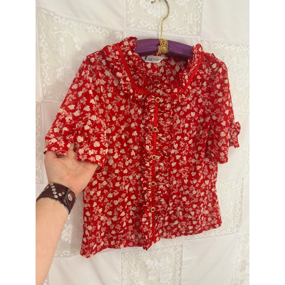Red Cream Floral Twee Ruffle Front Short Sleeve Button Front Blouse Size L